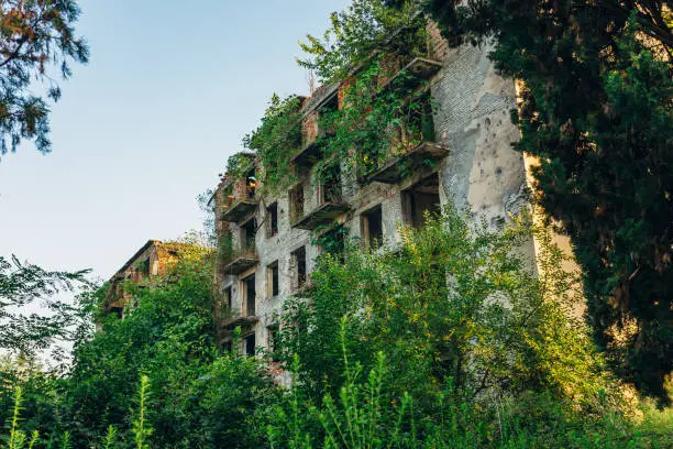 Ruined overgrown apartment house with bullet marks in ghost town, consequences of war in Abkhazia, green post-apocalyptic concept.