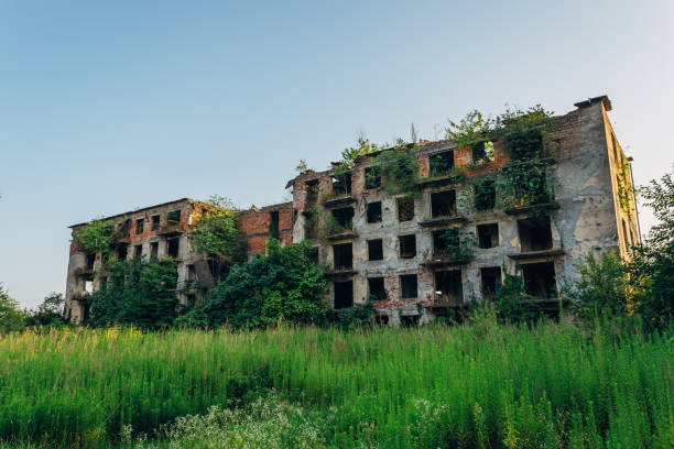 istock Ruined overgrown apartment house with bullet marks in ghost town 1019548018