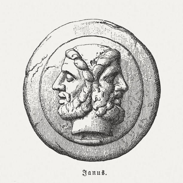 ilustrações de stock, clip art, desenhos animados e ícones de janus, roman god of beginnings and endings, woodcut, published 1897 - roman mythology