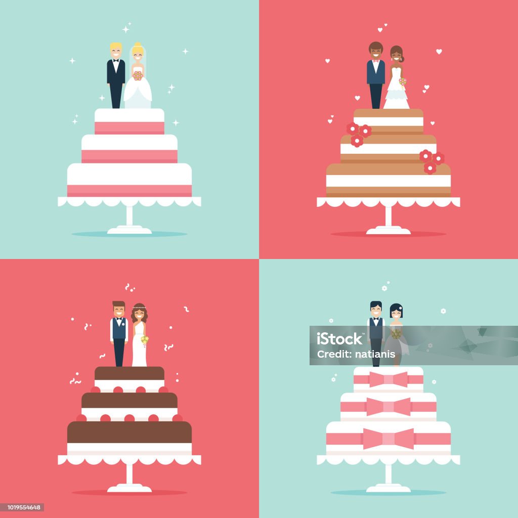 Wedding Cake With Bride And Groom Toppers Vector Icon Set Stock  Illustration - Download Image Now - iStock
