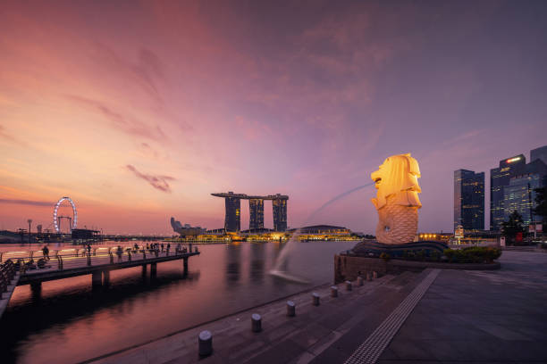 singapour city - 29 juillet 2018 : merlion et marina bay sands au lever du soleil avec ciel singapore flyer et le crépuscule. - lion sands photos et images de collection