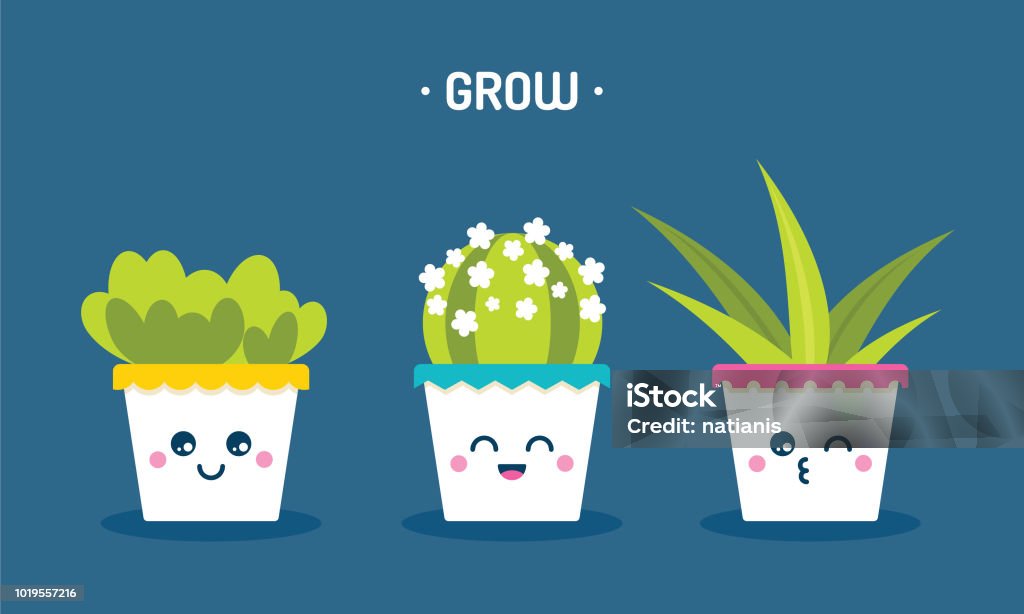 Cute Cartoon Houseplants In Flower Pots With Funny Faces Stock Illustration  - Download Image Now - iStock