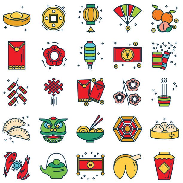 Chinese New Year Line Icon Set - ilustração de arte vetorial