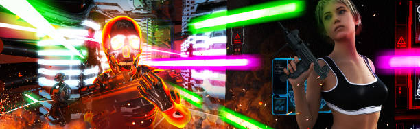 istock Futuristic Hero Woman Under Alien Battle 1019572048