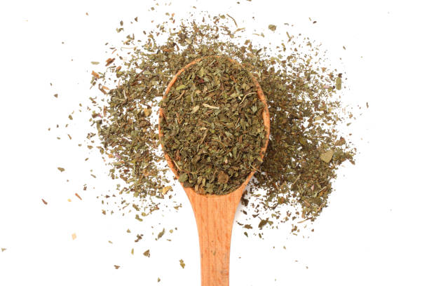 istock dried mint in wooden spoon isolated on white background 1019581052