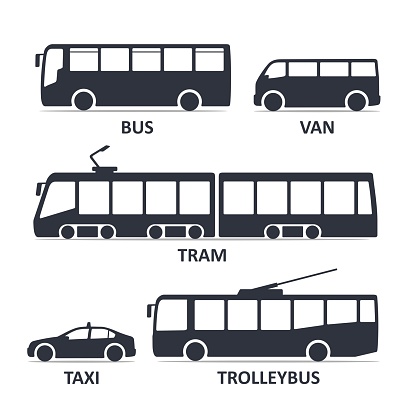public transport type icons set. Bus, Van, Tram, Taxi, Trolleybus. Vector black illustration isolated on white background with title. Variants of car body silhouette for web.