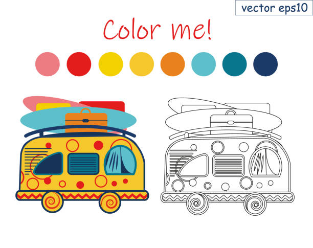 illustrazioni stock, clip art, cartoni animati e icone di tendenza di libro da colorare poster vettoriale furgone estivo. surf e viaggi - bus coach bus travel isolated