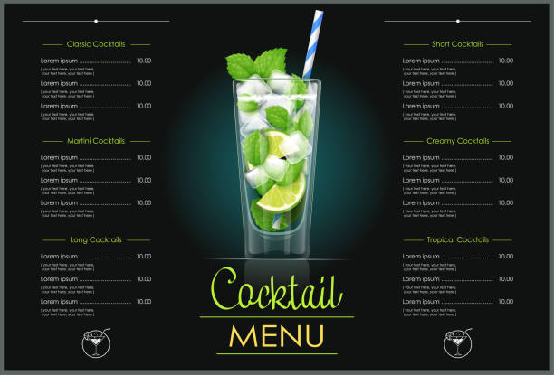 Mojito glass. Cocktail menu design. Mojito glass. Cocktail menu concept design for alcohol bar. Alcoholic classic drink with lime. EPS10 vector illustration. alcoholism stock illustrations