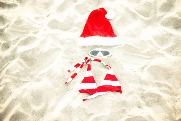 istock Christmas Concept, Summer holiday background, Beach accessories on sand 1019588806