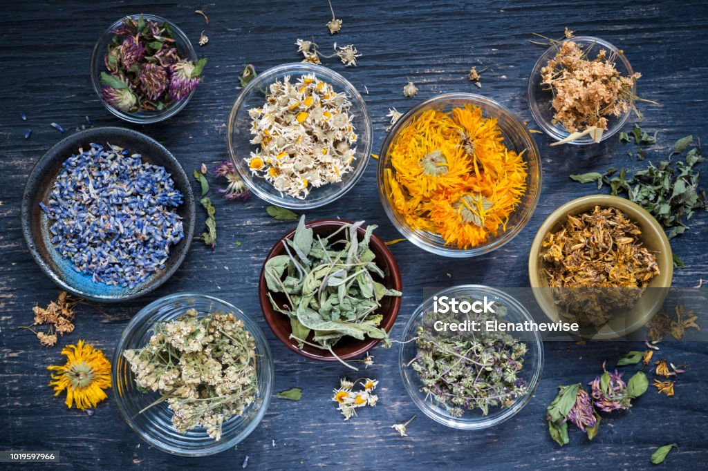 Herbs Various dried medicinal herbs and herbal teas in several bowls on blue wooden background from above Herbal Medicine Stock Photo