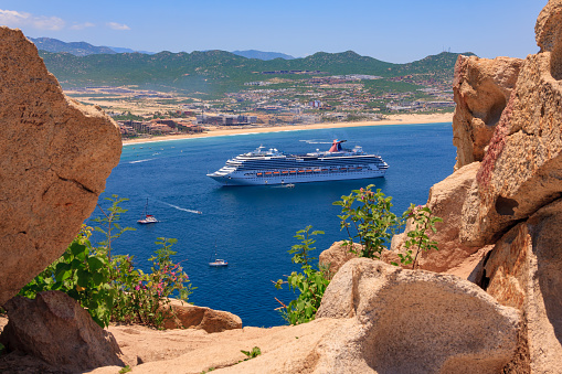 Cabo San Lucas, Mexico - July 2, 2018: Carnival Splendor cruise ship was at anchor in Cabo San Lucas, tendering it's passengers to the island
