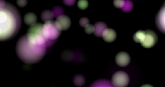 defocused flow points of light on a black background, purple, magenta, white, green, bokeh background, abstract CGI images of high definition