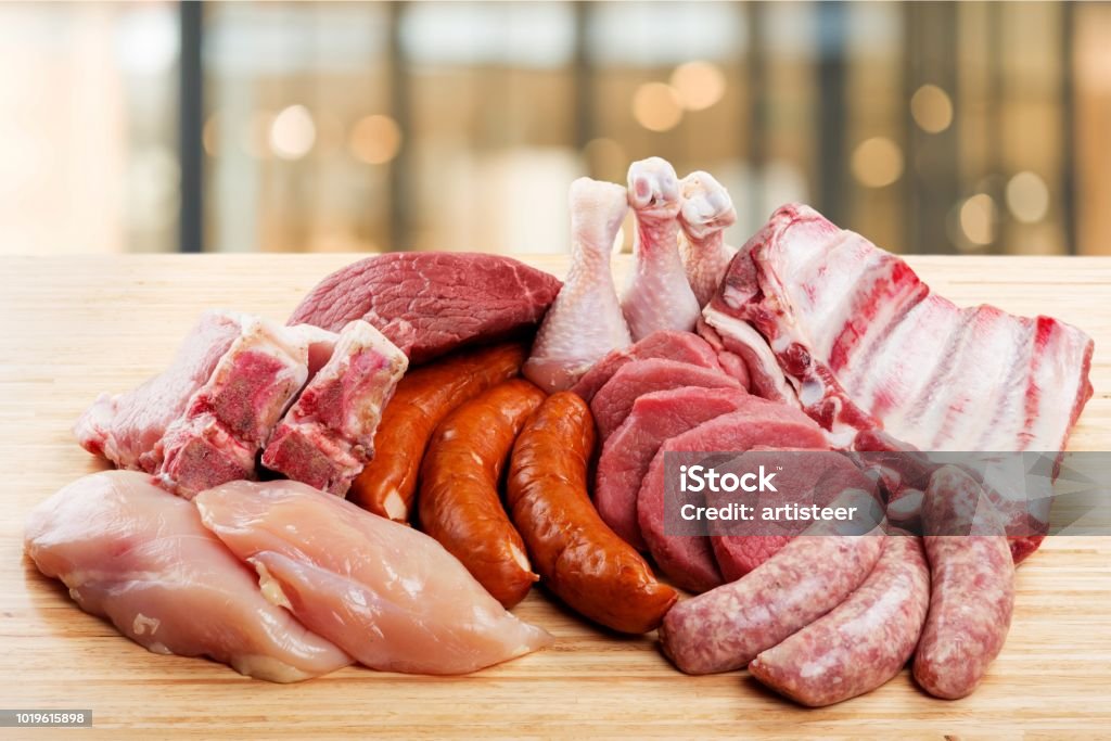 Meat. Fresh Raw Meat Background with vegetables Meat Stock Photo