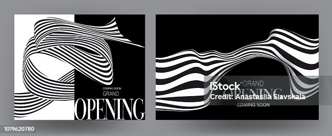 istock Grand opening cards with striped monochrome ribbons. Vector illustration 1019620780