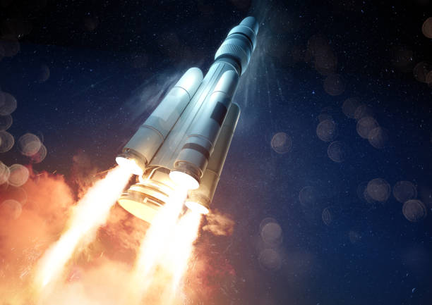Explosive Rocket Launch An extreme angle of a rocket launching a probe into space. 3D illustration. takeoff stock pictures, royalty-free photos & images