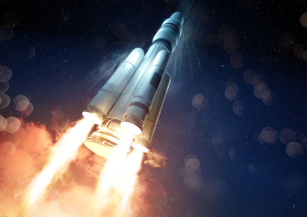 Explosive Rocket Launch An extreme angle of a rocket launching a probe into space. 3D illustration. taking off stock pictures, royalty-free photos & images