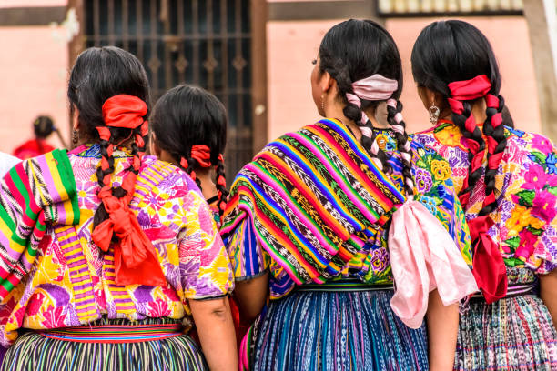 Guatemalan folk dancers in indigenous costume, Guatemala stock photo