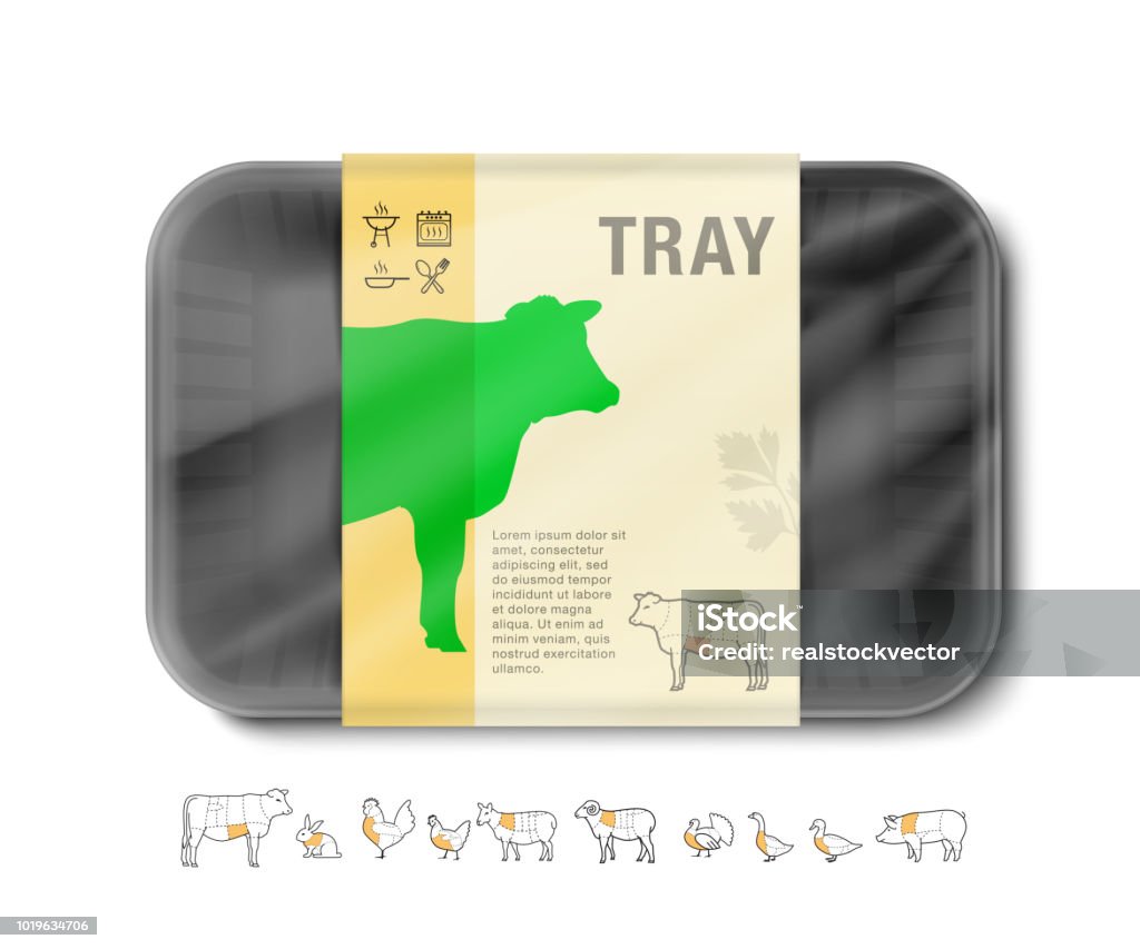 Mockup template polystyrene tray container with strip. Vector illustration with icons elements isolated on white background. Ready for your design. EPS10. Meat stock vector