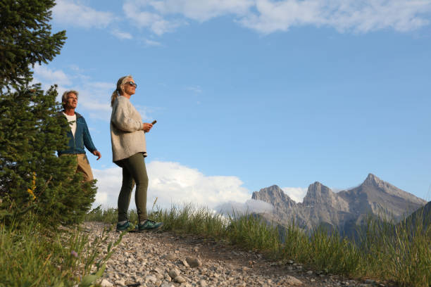 istock View across footpath to mountain range and hiking couple 1019635092