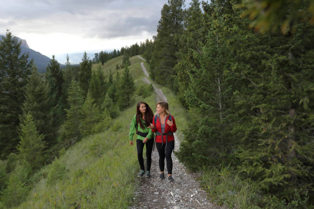istock Young female hikers chat on the trail 1019635522