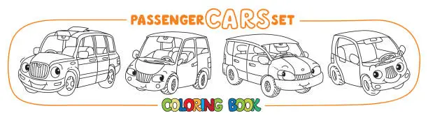 Vector illustration of Funny small city cars with eyes. Coloring book set
