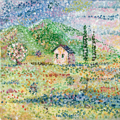 A square picture painted with points in the style of pointillism. Traditional landscape of southern Europe with cypresses and white houses. A painting acrylic on canvas. Author I - Ilya Panfilov.