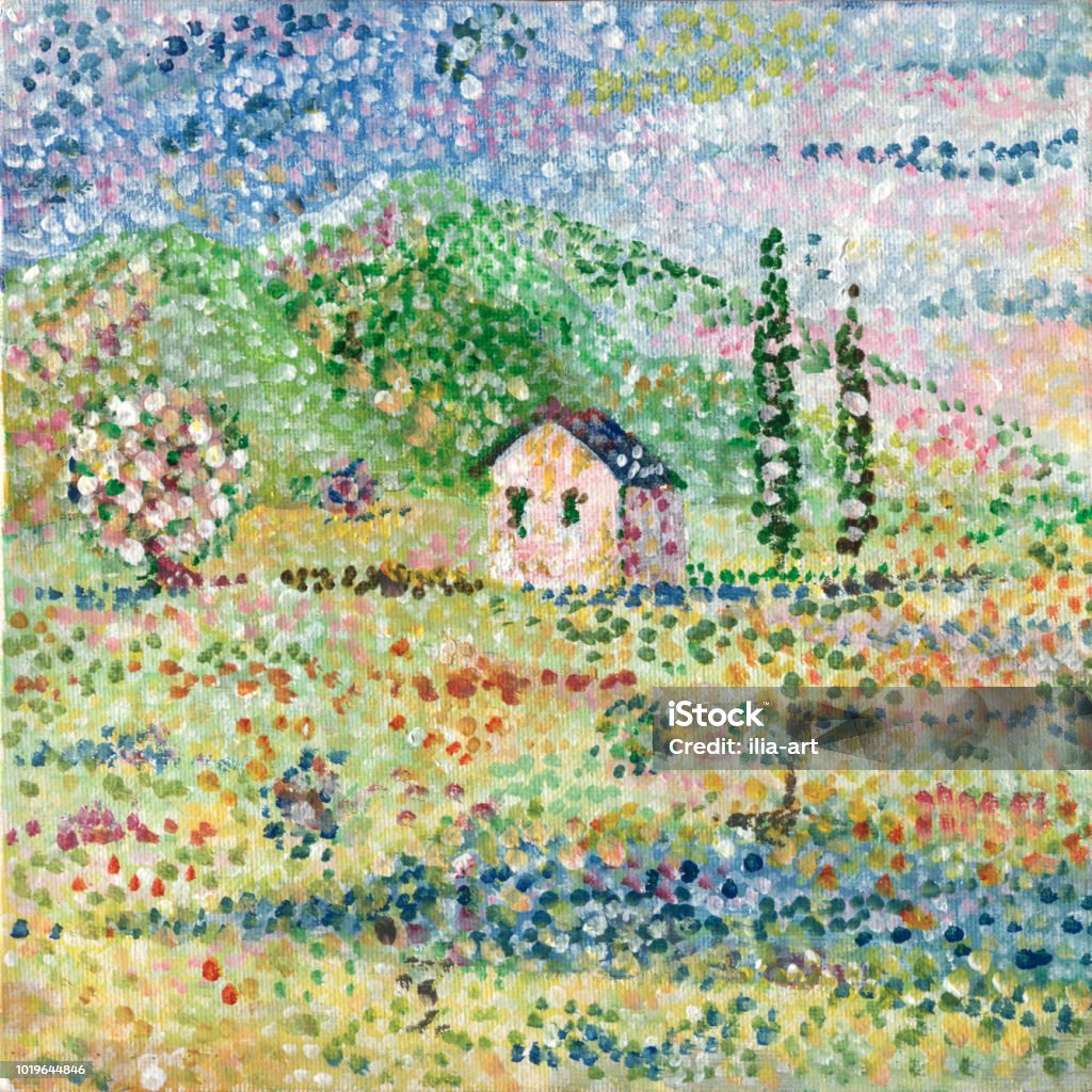 House with cypresses A square picture painted with points in the style of pointillism. Traditional landscape of southern Europe with cypresses and white houses. A painting acrylic on canvas. Author I - Ilya Panfilov. Pointillism Stock Photo