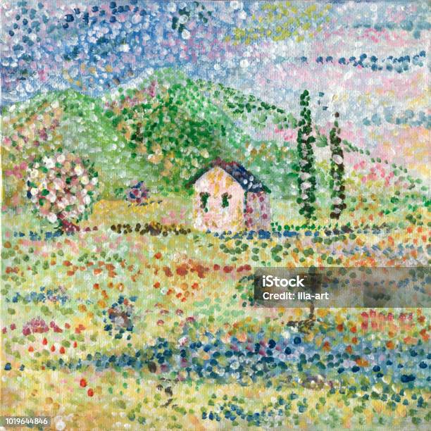 House With Cypresses Stock Photo - Download Image Now - Pointillism, Painting - Art Product, Art