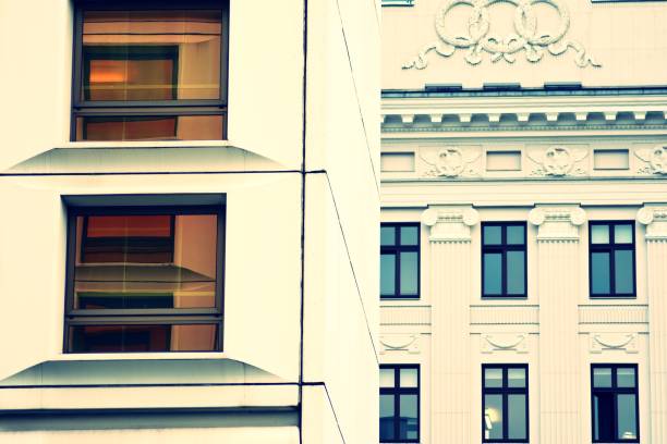 istock Abstract minimal style architecture background. Modern building facade detail. Retro colors stylization 1019656224