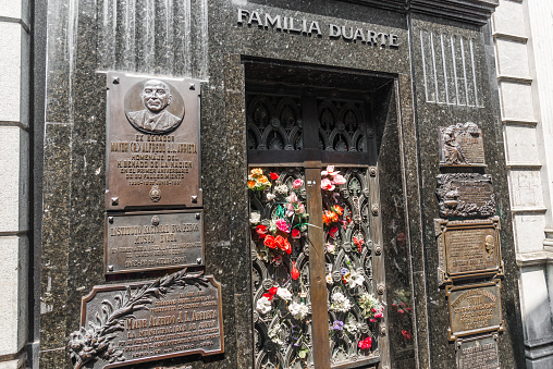 Buenos Aires, Argentina - February 2, 2018: Grave tombstone of Eva Peron in La Recoleta Cemetery on a sunny summer day