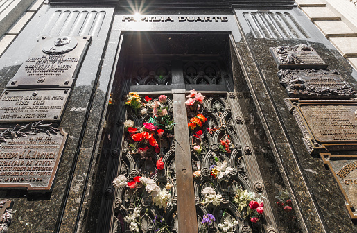 Buenos Aires, Argentina - February 2, 2018: Grave tombstone of Eva Peron in La Recoleta Cemetery on a sunny summer day