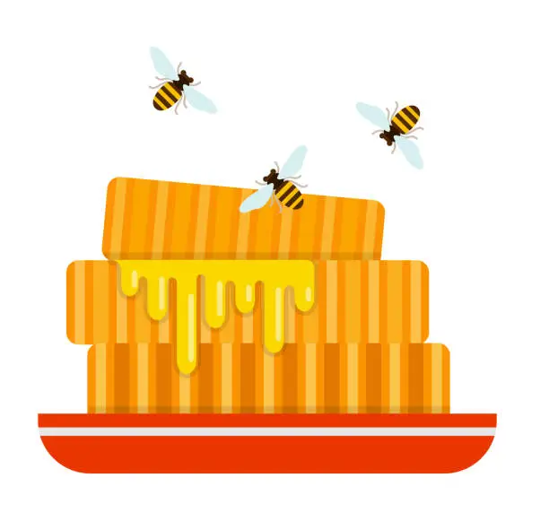 Vector illustration of Pieces of honeycomb with flying bees around flat isolated