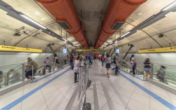 Movement in the subway station circulation hall, Sao Paulo, Brazil