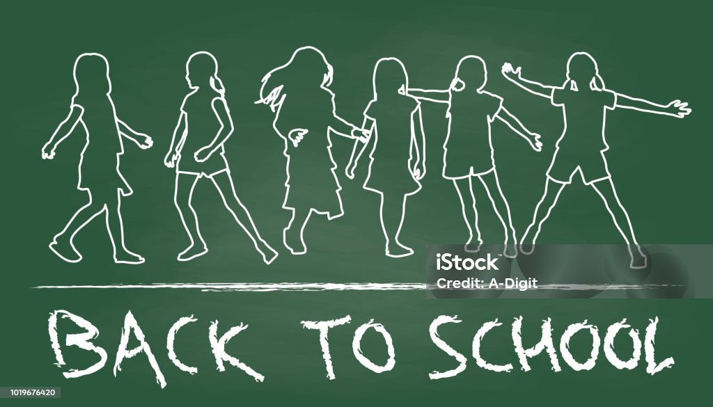 Back To School New Semester Fun Group of little girls going back to school Anticipation stock vector