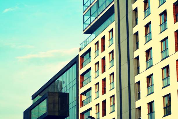 istock Abstract minimal style architecture background. Modern building facade detail. Retro colors stylization 1019680020
