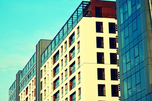 istock Abstract minimal style architecture background. Modern building facade detail. Retro colors stylization 1019682160