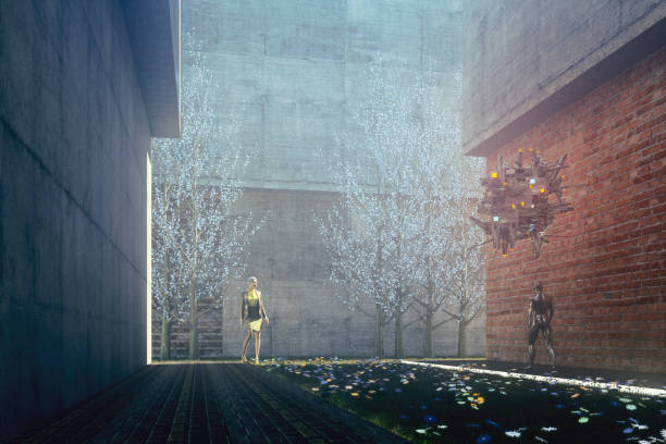 istock Futuristic street with people and cyborgs 1019682190