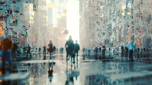 istock Futuristic alien cityscape with people on the streets 1019682206