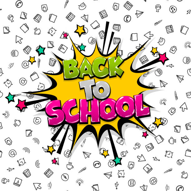 Back to school comic text pop art Back to school comic text pop art. Funny sound effect advertise. Colored sketch vector white background in doodle style. First day in school speech bubble message. first day of school vintage stock illustrations
