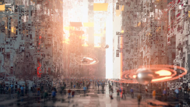 istock Futuristic alien cityscape with people on the streets 1019682450