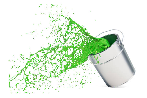 istock Green paint can with splashing, 3D rendering isolated on white background 1019684996