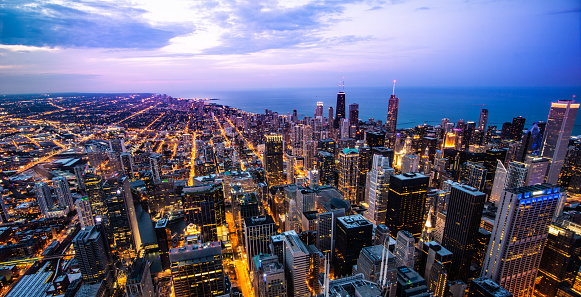 Night view of Chicago downtown skyline, shoot on Willis Tower Skydeck