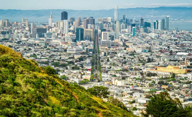 Photo of San francisco skyline cityscape Northern California twin peaks view of gorgeous downtown Bay Area green slope spring time colors