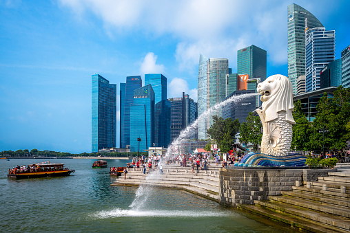 Merlion Statue at Marina Bay, a mythical creature with a lion's head and the body of a fish