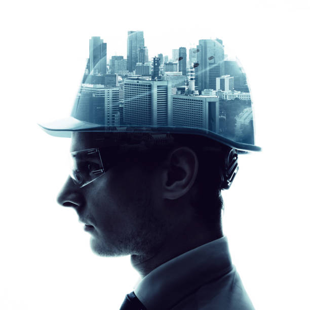 istock Double exposure of a engineer and urban cityscape. 1019729336