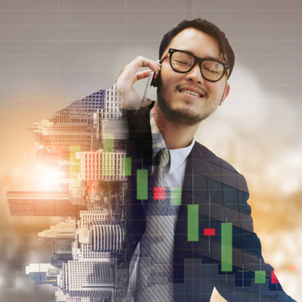 istock Double exposure businessman using mobile phone. 1019729466