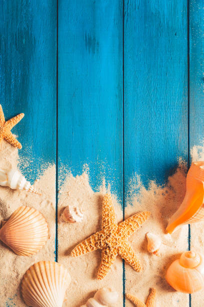 istock Summertime concept on blue wooden background 1019744758