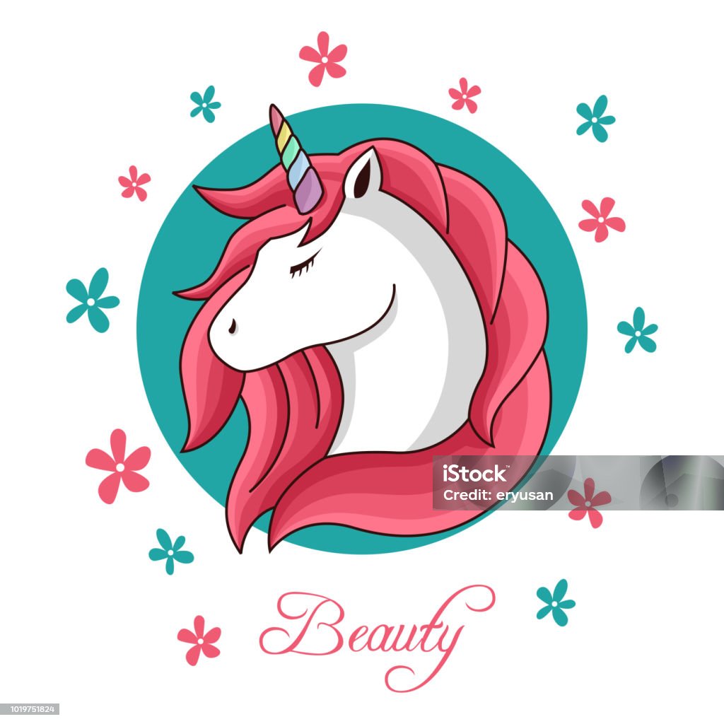 beauty unicorn with colorful horn and flower beauty unicorn with colorful horn and flower with background Animal Head stock vector