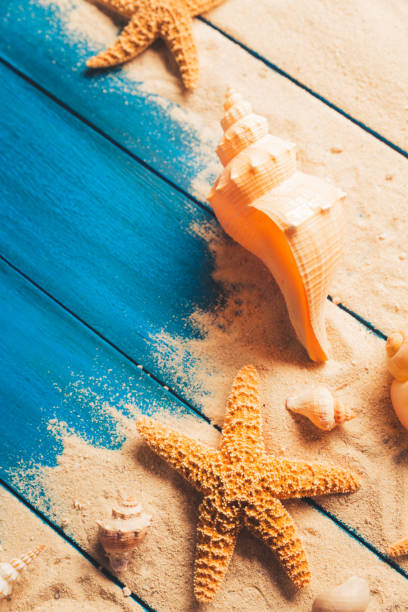 istock Summertime concept on blue wooden background 1019759416