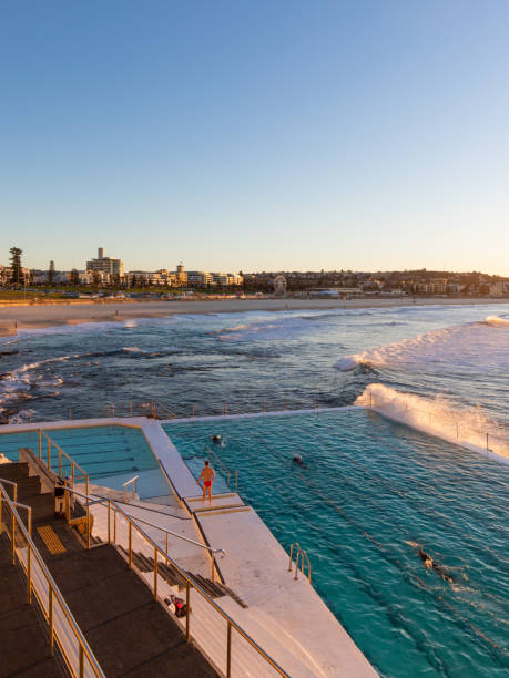 Bondi Beach Iceberg Pool Sydney, Australia - July 8, 2018: People swimming in Bondi Iceberg at Bondi Beach in the morning. bondi beach sunrise stock pictures, royalty-free photos & images
